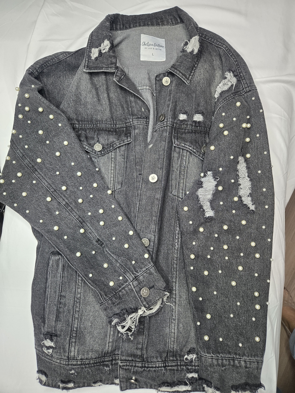 Chelsea Deboer By Lily And Lottie Black Distressed Pearl-Studded Denim Jacket